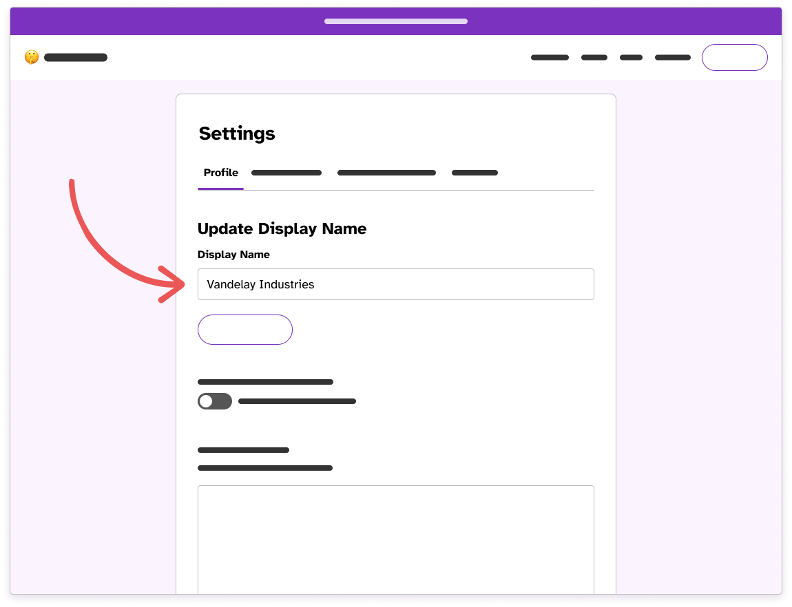 Wireframe of the Authentication tab in Settings with an arrow pointing to the display name field.