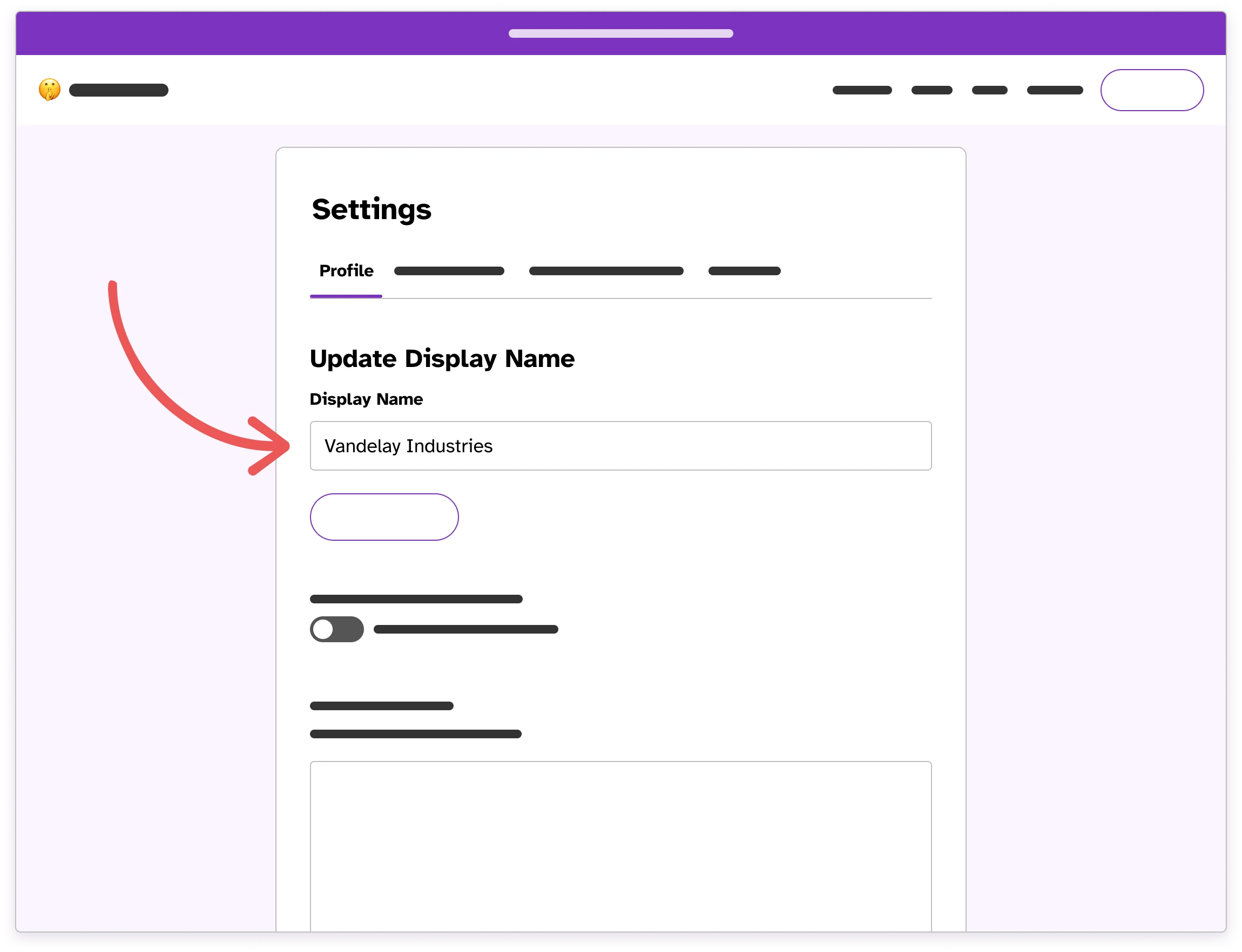 Wireframe of the Authentication tab in Settings with an arrow pointing to the display name field.