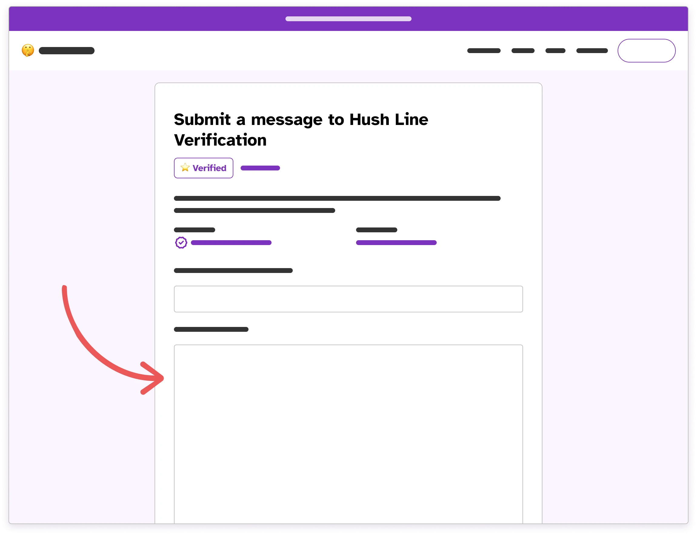 Wireframe of the submit message page with an arrow pointing to the message textarea.