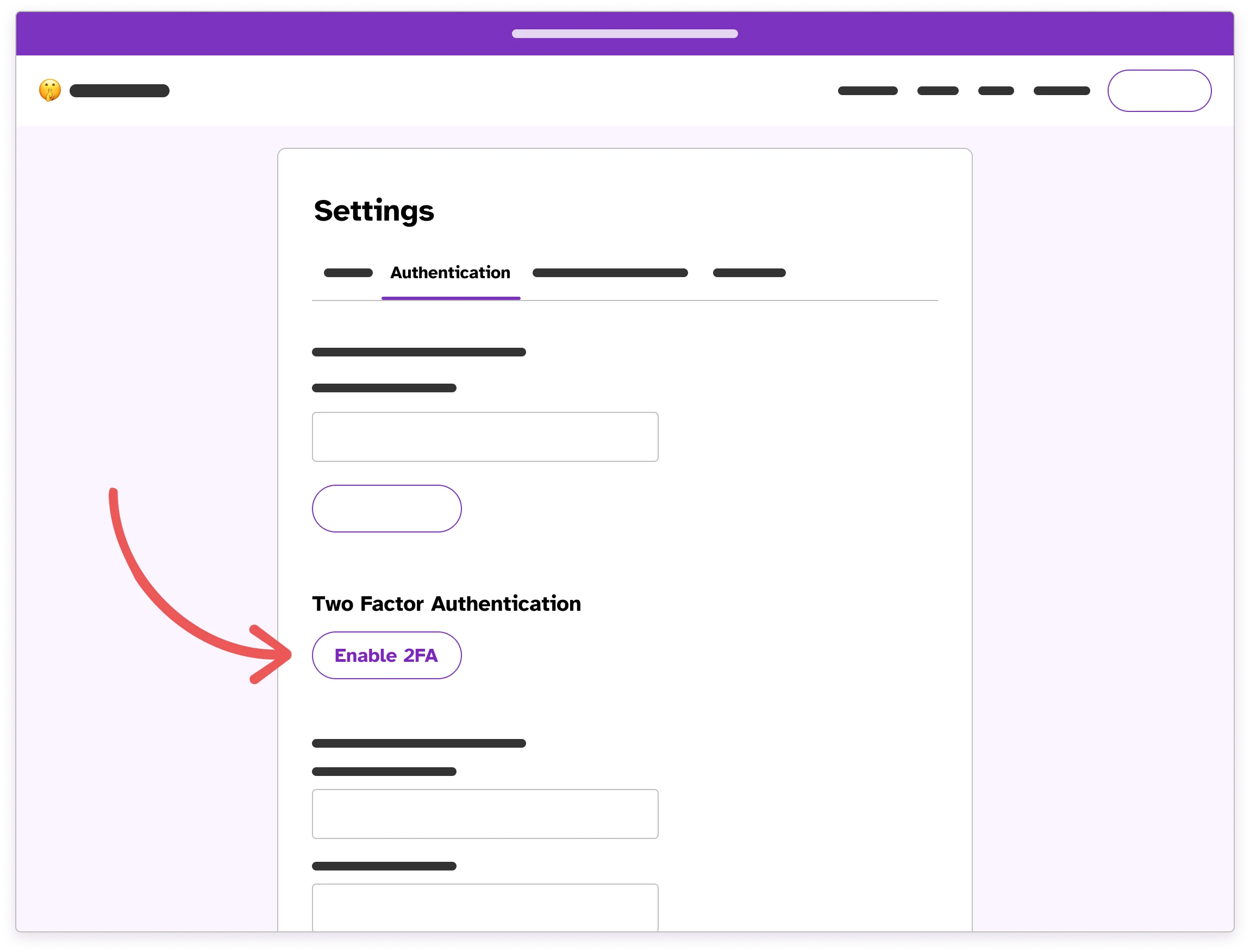 Wireframe of the Authentication tab in Settings with an arrow pointing to the enable 2FA button.