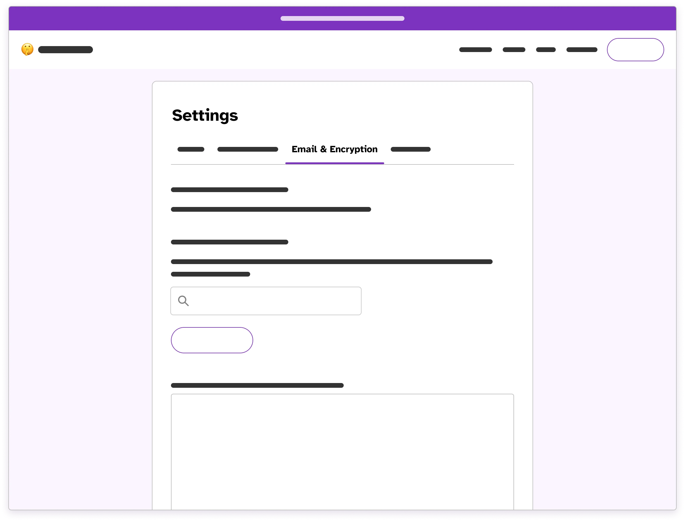 Wireframe of the Email & Encryption tab in Settings with an arrow pointing to the Proton Mail search input.