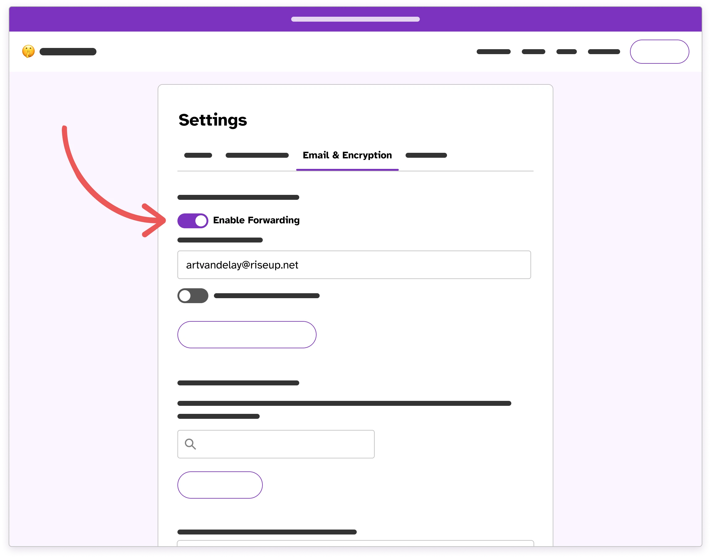 Wireframe of the Email & Encryption tab in Settings with an arrow pointing to the Message Forwarding toggle.