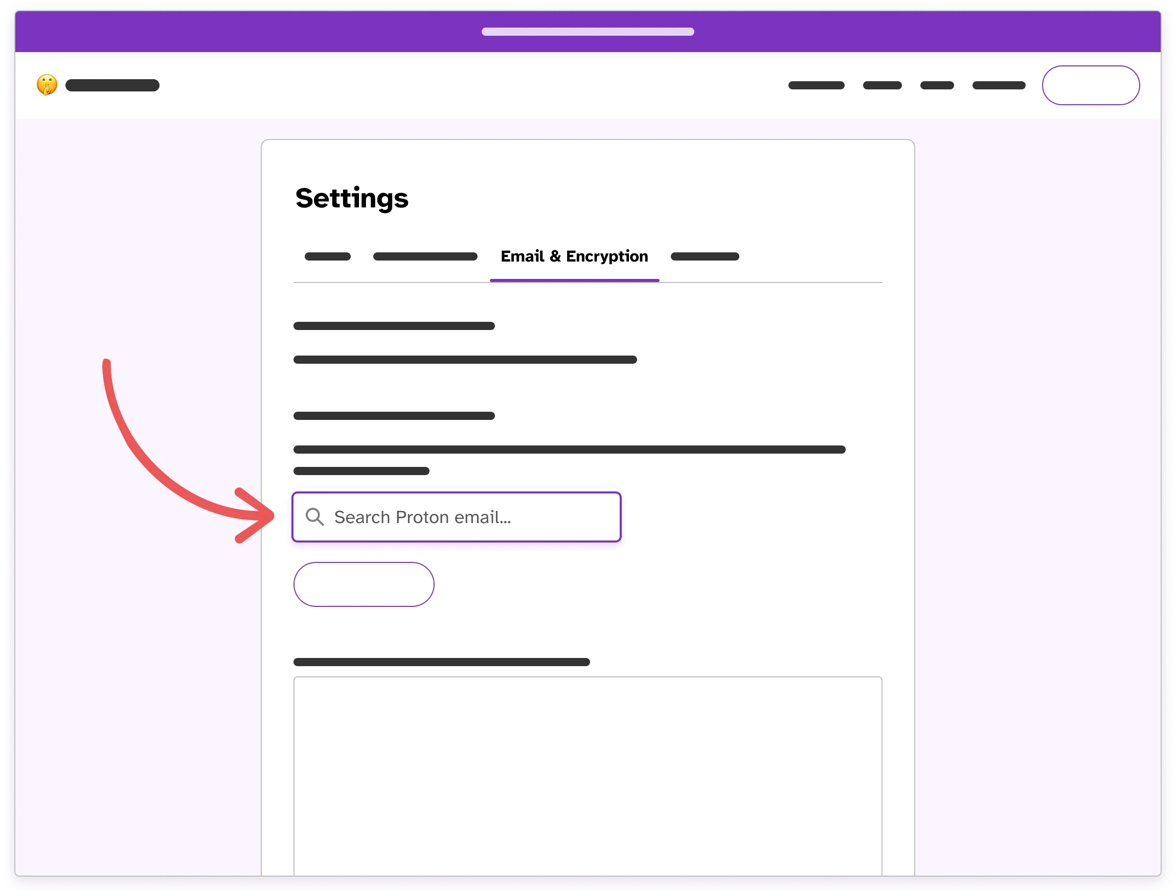 Wireframe of the Email & Encryption tab in Settings with an arrow pointing to the Proton Mail search input.