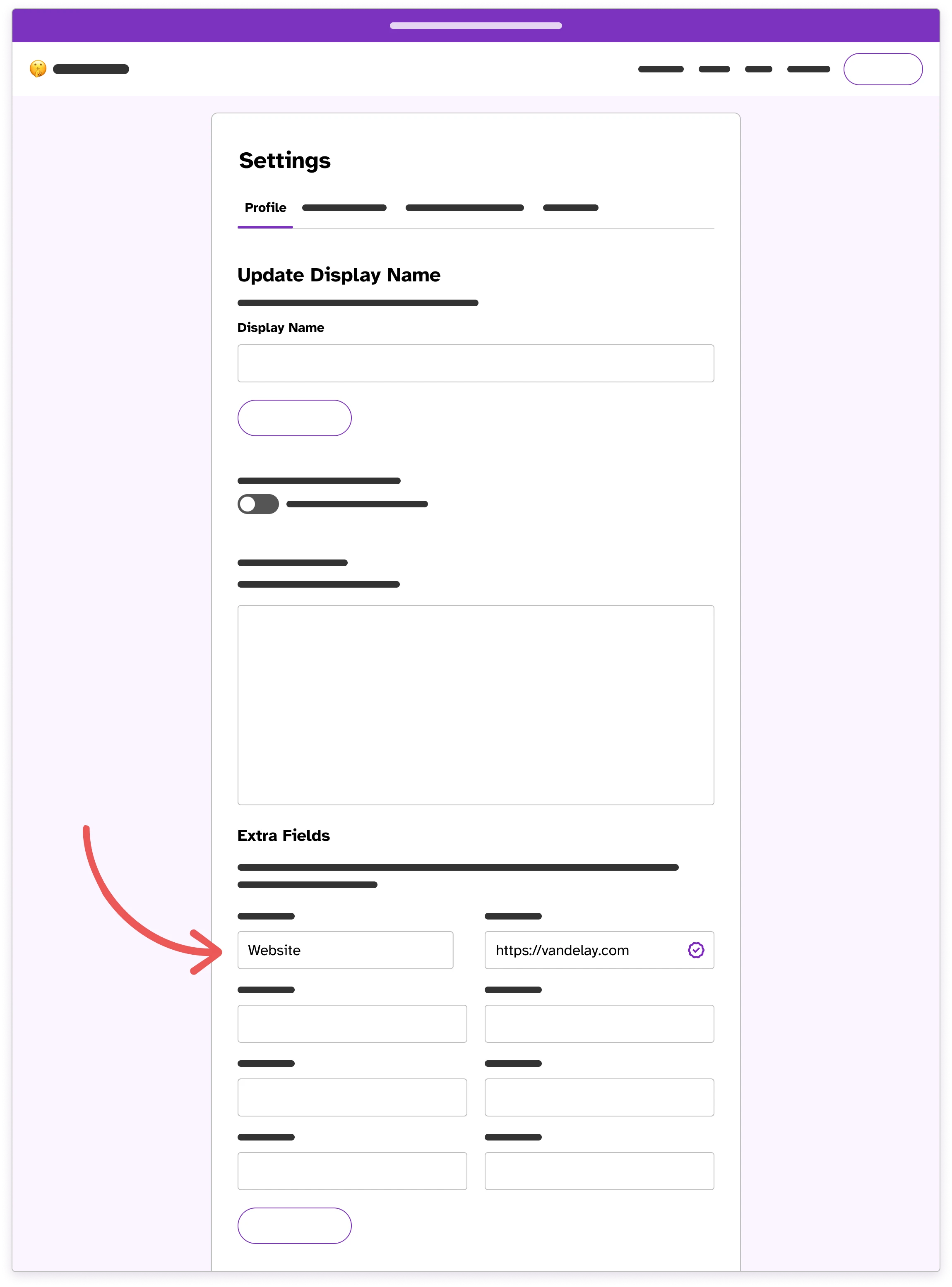 Wireframe of the Authentication tab in Settings with an arrow pointing to the extra fields heading.