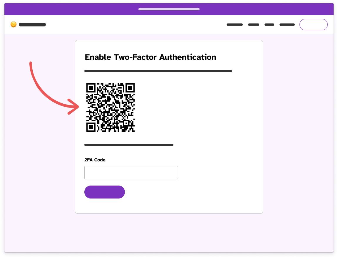 Wireframe of the Authentication tab in Settings with an arrow pointing to the enable 2FA button.