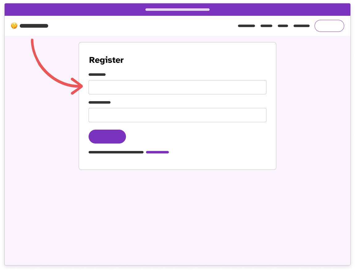 Wireframe of the Register page with an arrow pointing to the form.