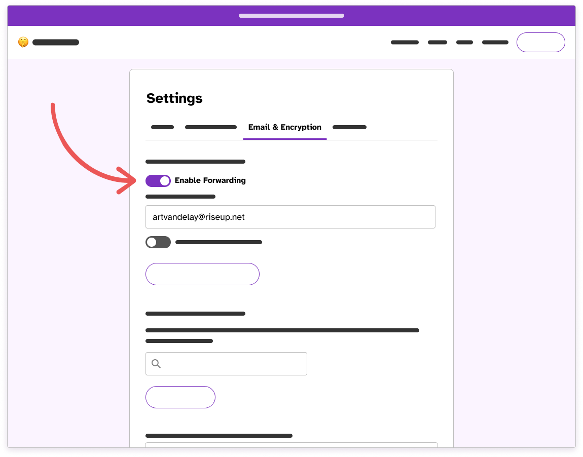 Wireframe of the Email & Encryption tab in Settings with an arrow pointing to the Message Forwarding toggle.