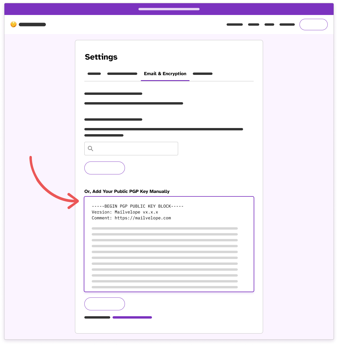 Wireframe of the Email & Encryption tab in Settings with an arrow pointing to the manual entry PGP key textarea.