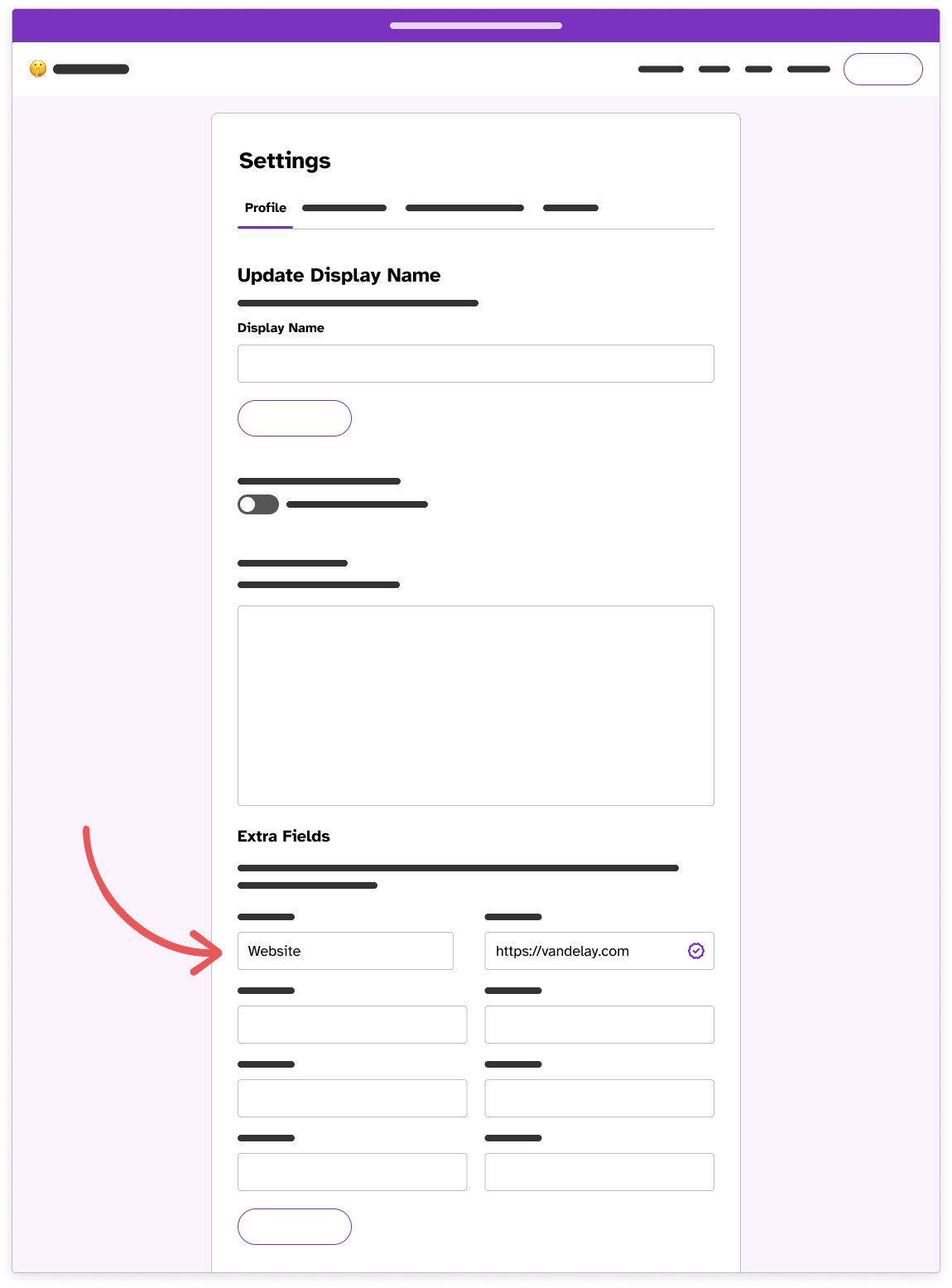 Wireframe of the Authentication tab in Settings with an arrow pointing to the extra fields heading.