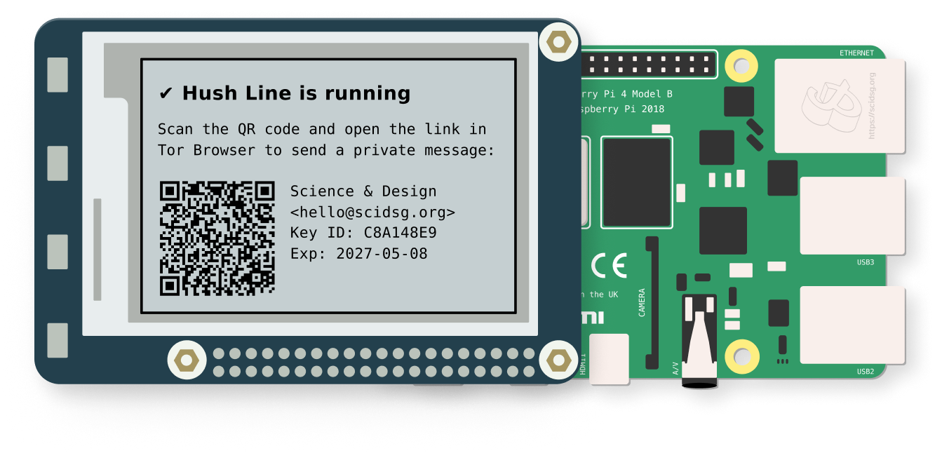 E-Ink screen with Hush Line app status and address information.