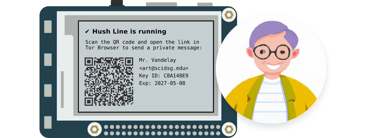 An image of an eink display with Hush Line's status and address.