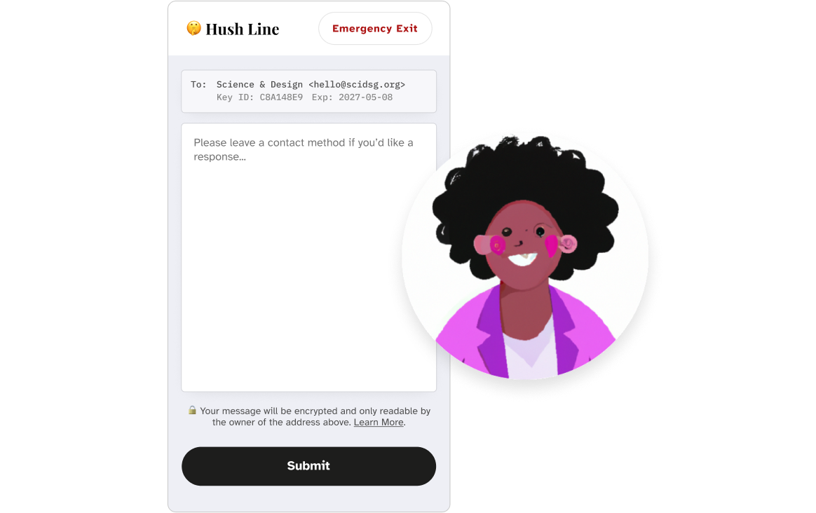 An image of the Hush Line UI for users submitting a message.