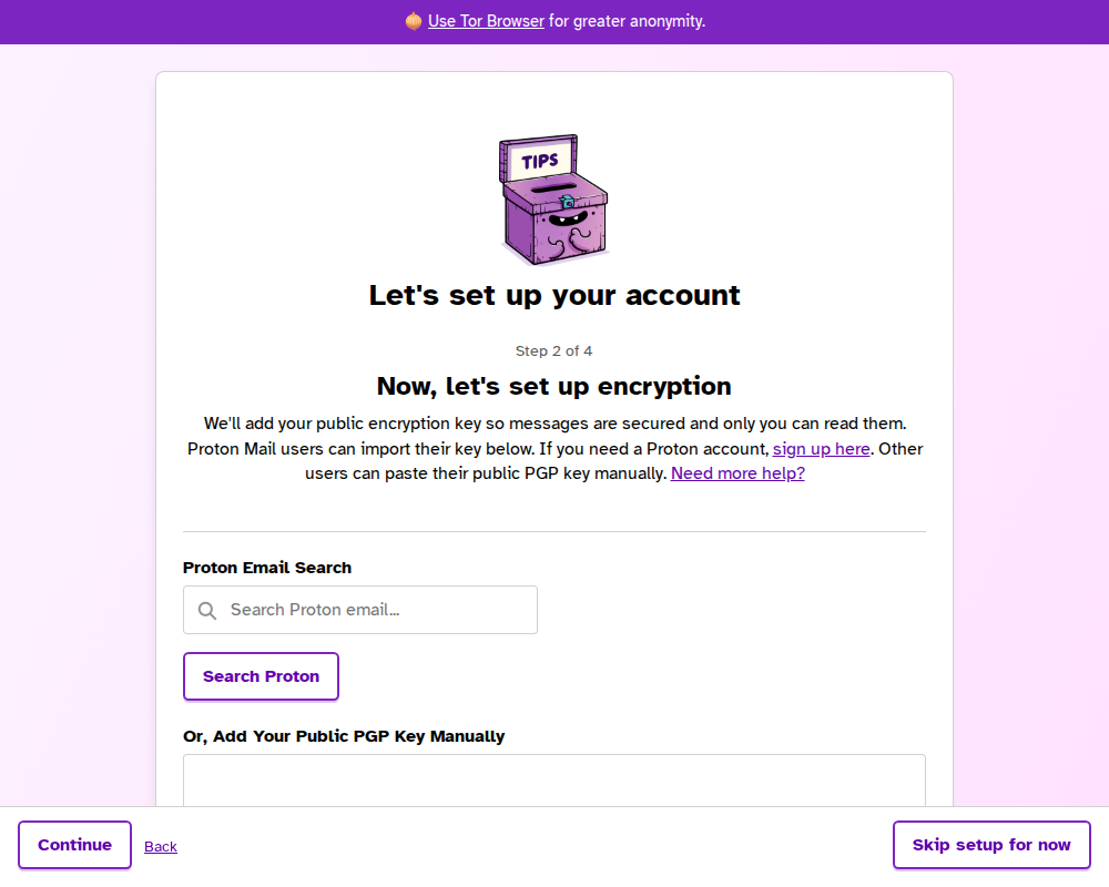 Hush Line onboarding step for setting up encryption with Proton email search