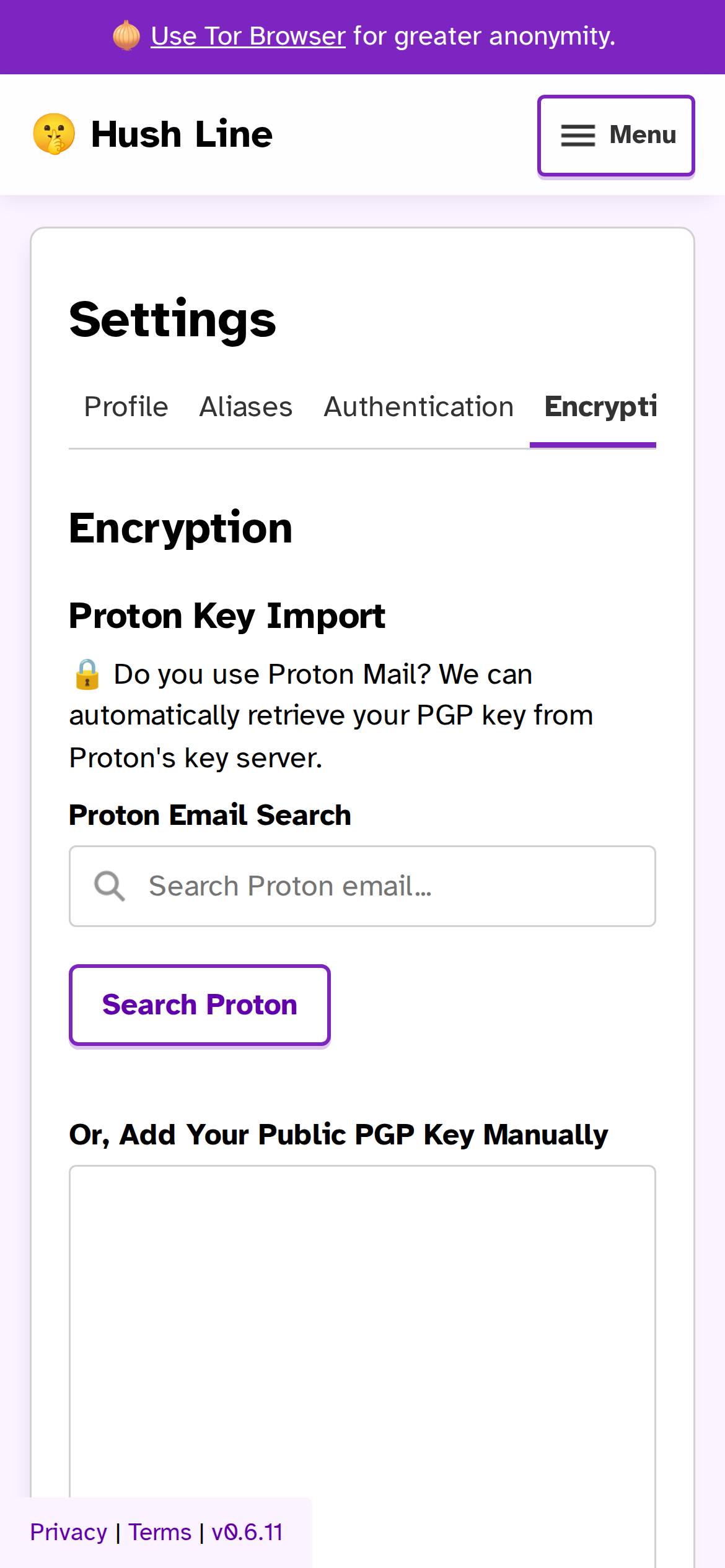 Hush Line settings page showing Proton key import inside the Encryption tab