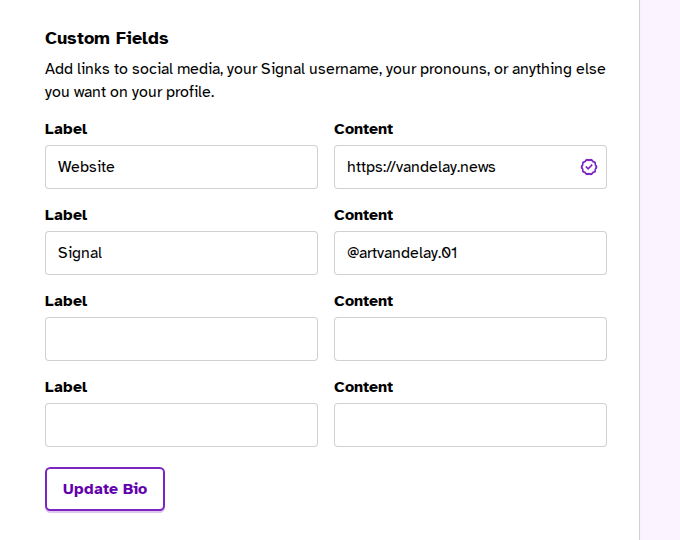 Custom Fields with a verified Website URL and Update Bio button