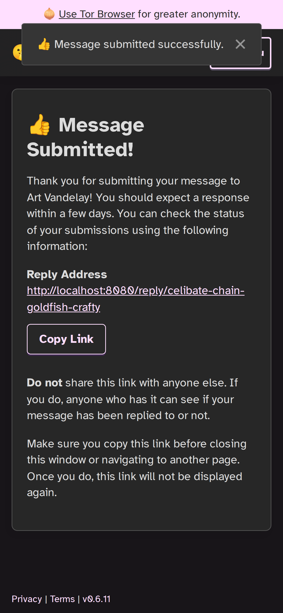 Mobile confirmation view after submitting a Hush Line message