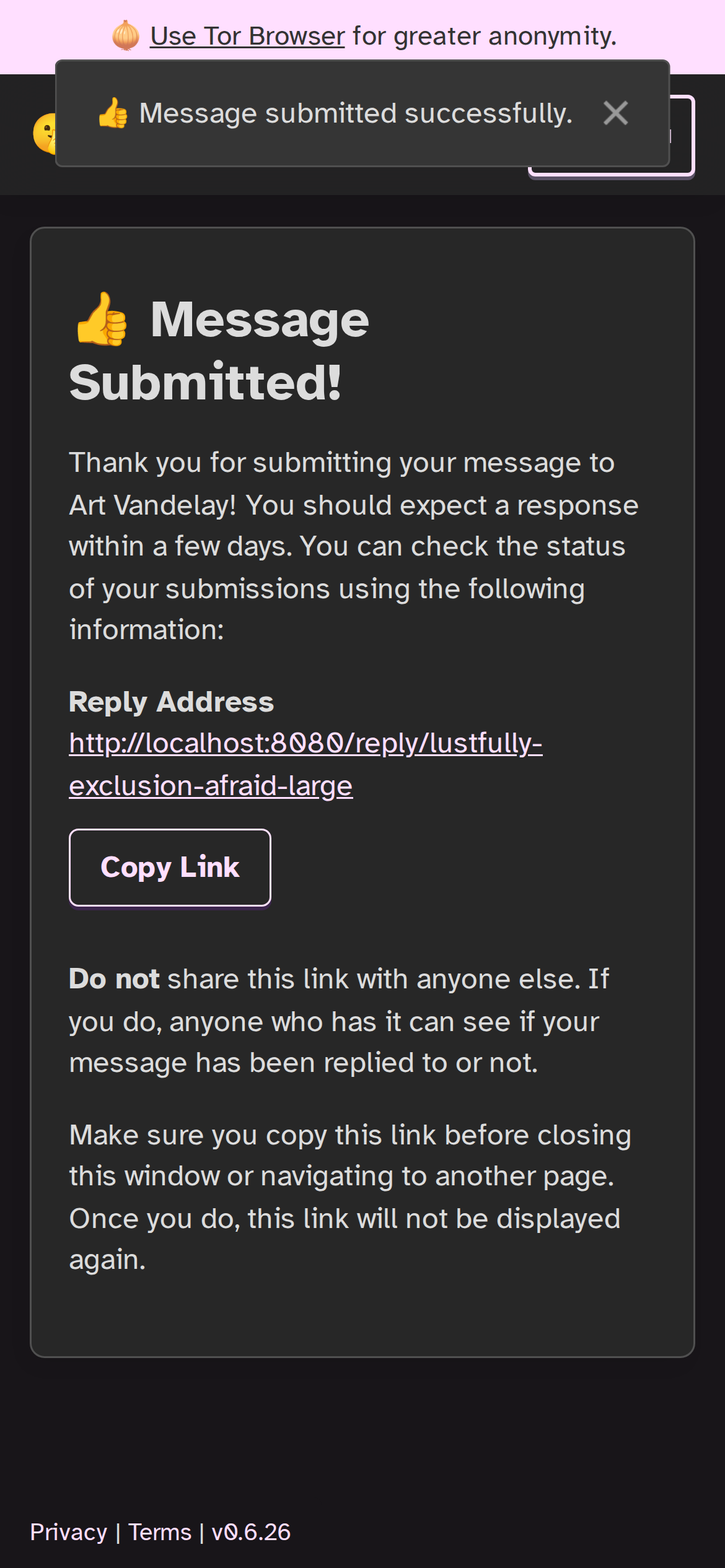 Mobile confirmation view after submitting a Hush Line message