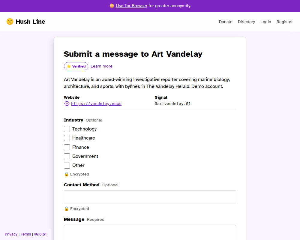 Public Hush Line page with custom guidance before message submission