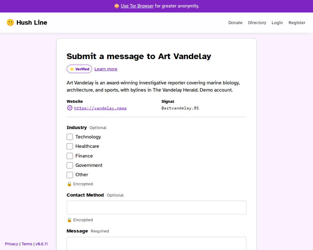Desktop view of a Hush Line public tip line form