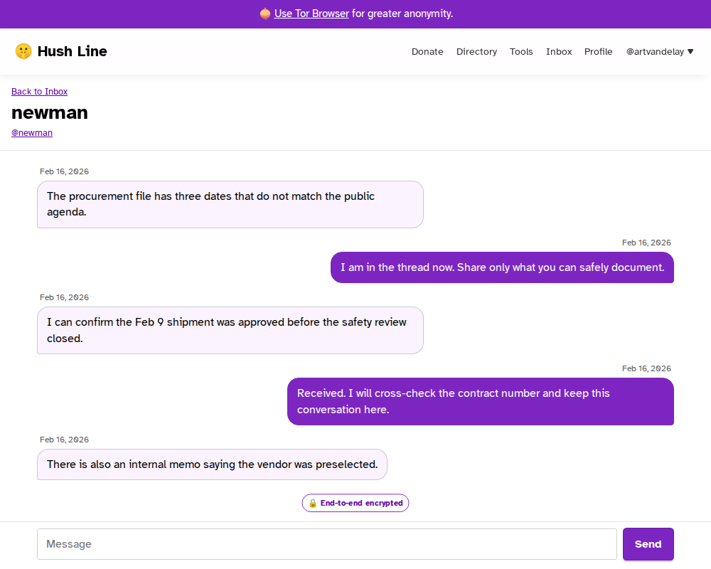 Two-way account conversation in Hush Line